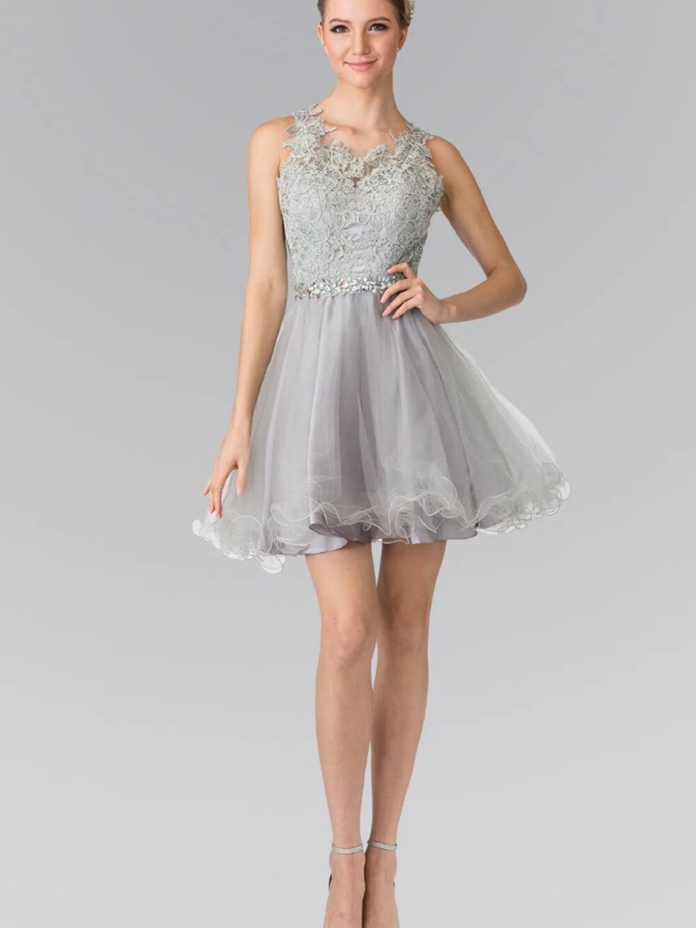 NEW SILVER Lace & Beaded Illusion Neckline Cocktail Dress Embellished GS2375